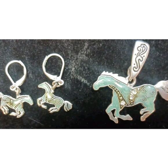Unbranded Jewelry - Enameled Blue Horse Charm and Earrings Western Cowboy Rodeo Range Pierced
